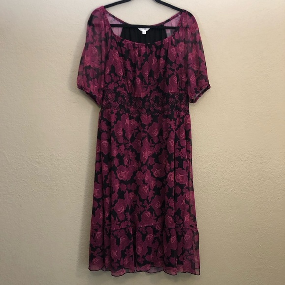 Terra & Sky Women's Sheer Dress OX 14W Rose Floral Black/Burgundy Moody Romantic - Picture 1 of 11